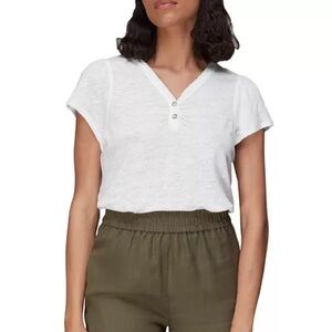 Whistles V-Neck Cada Button Linen Gathered Tee in White — L
